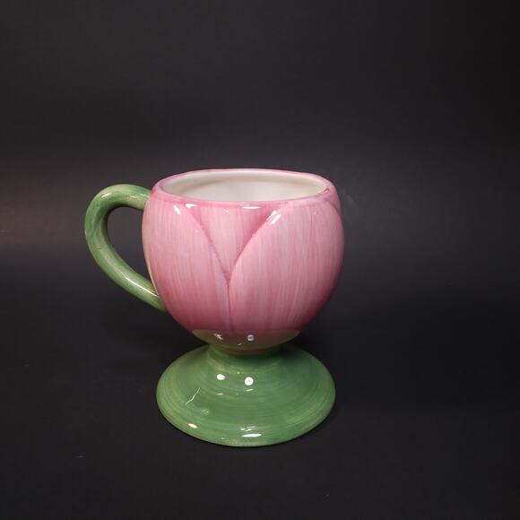 Pretty Pink Tulip Teacup Green Footed Base, Vtg '90s Pastel Spring Easter Decor - Picture 3 of 7